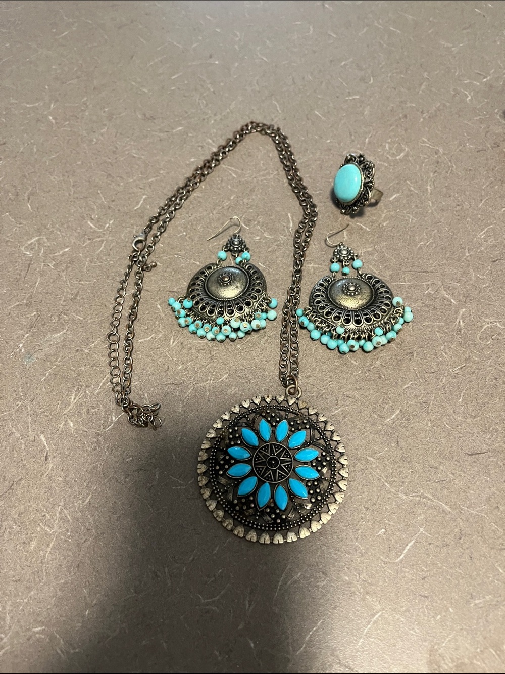 Turquoise Floral Pendant Necklace & Earring Set - Women Jewelry